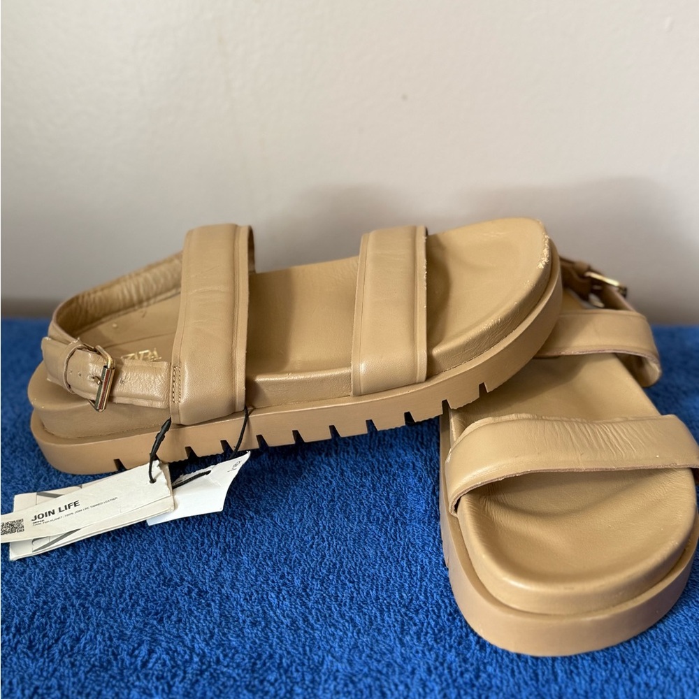 Zara Women's Tan Leather Sandals US 7.5, EU 38 New With Defects
